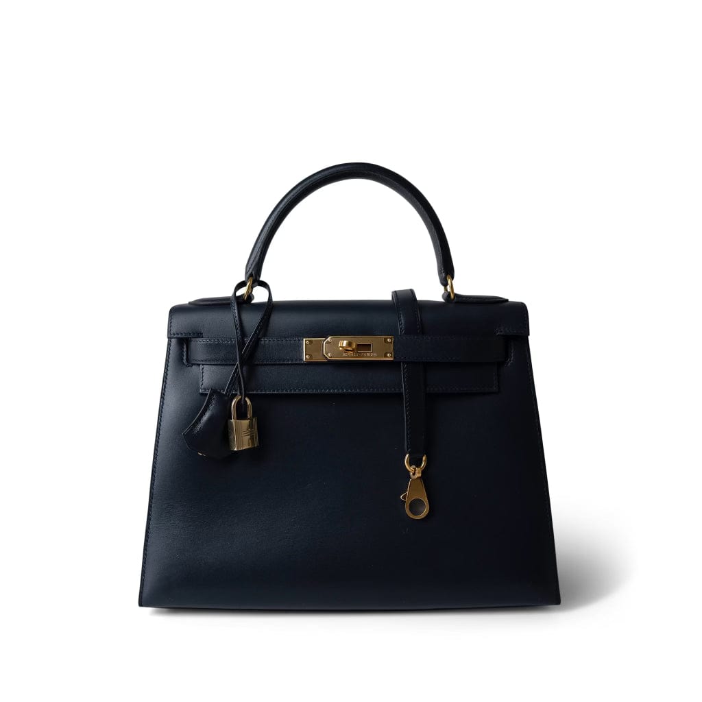 Hermes Handbag Navy Kelly 28 Sellier Navy Box Calfskin Gold Plated X Circle Stamp - Redeluxe