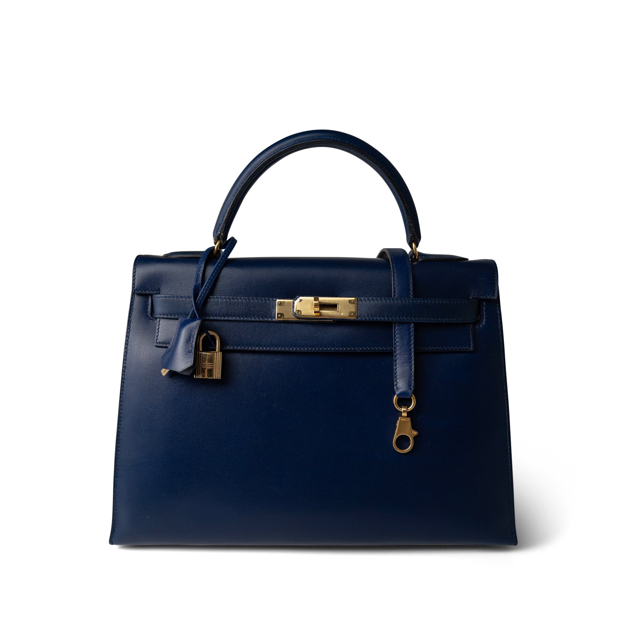 Hermes Handbag Navy Kelly Sellier 32 Blue Box Calfskin Gold Plated (U) Stamp - Redeluxe