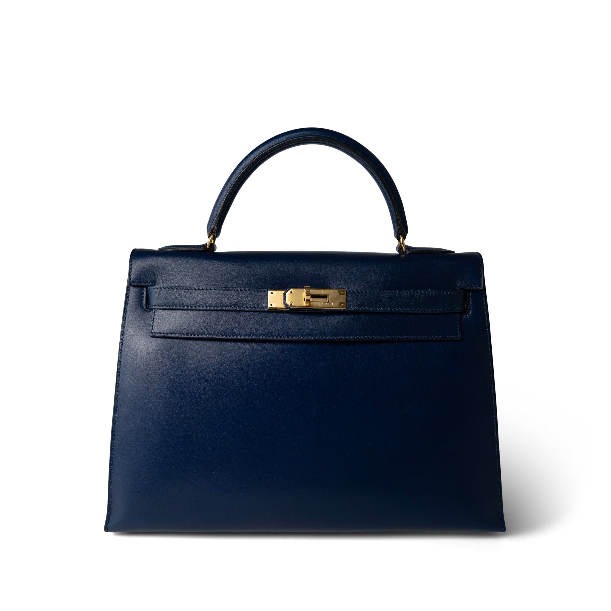 Hermes Handbag Navy Kelly Sellier 32 Blue Box Calfskin Gold Plated (U) Stamp - Redeluxe