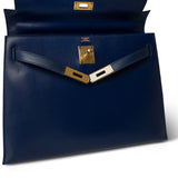 Hermes Handbag Navy Kelly Sellier 32 Blue Box Calfskin Gold Plated (U) Stamp - Redeluxe