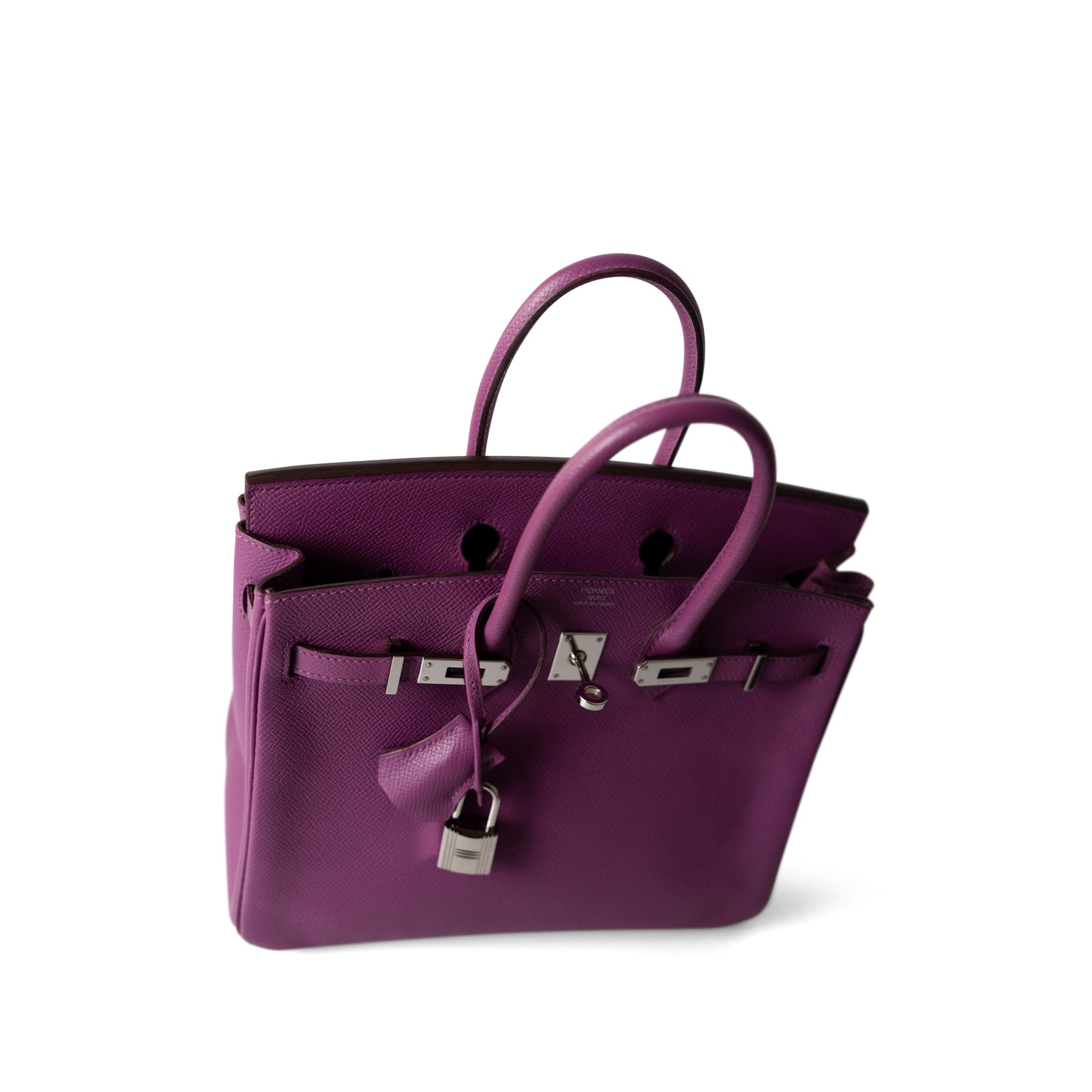 Hermes Handbag Purple Birkin 25 Cyclamen Veau Epsom Palladium Plated L Square Stamp - Redeluxe