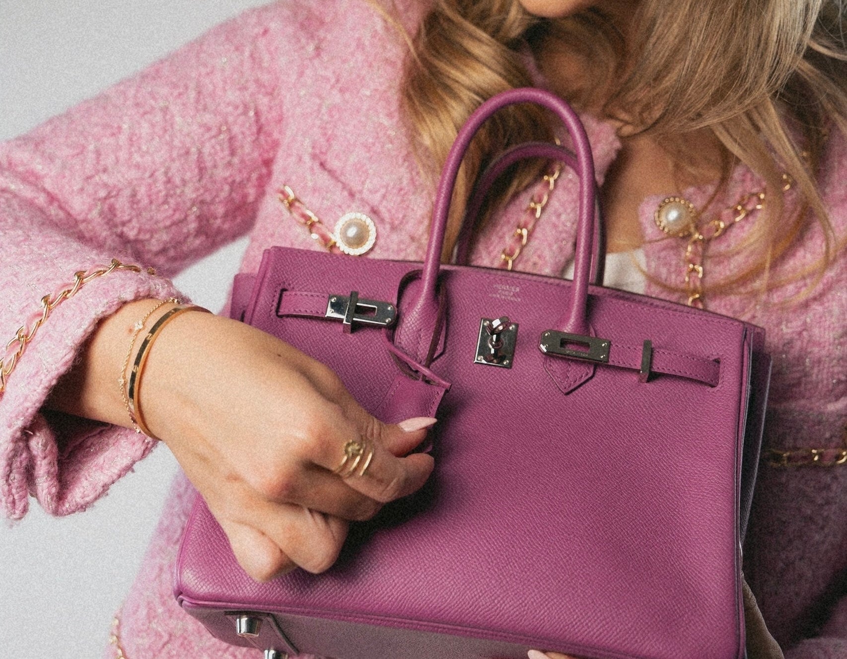 Hermes Handbag Purple Birkin 25 Cyclamen Veau Epsom Palladium Plated L Square Stamp - Redeluxe