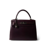 Hermes Handbag Purple Kelly Sellier 28 Plum Box Calfskin Palladium Plated [F] Stamp - Redeluxe