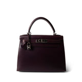 Hermes Handbag Purple Kelly Sellier 28 Plum Box Calfskin Palladium Plated [F] Stamp - Redeluxe