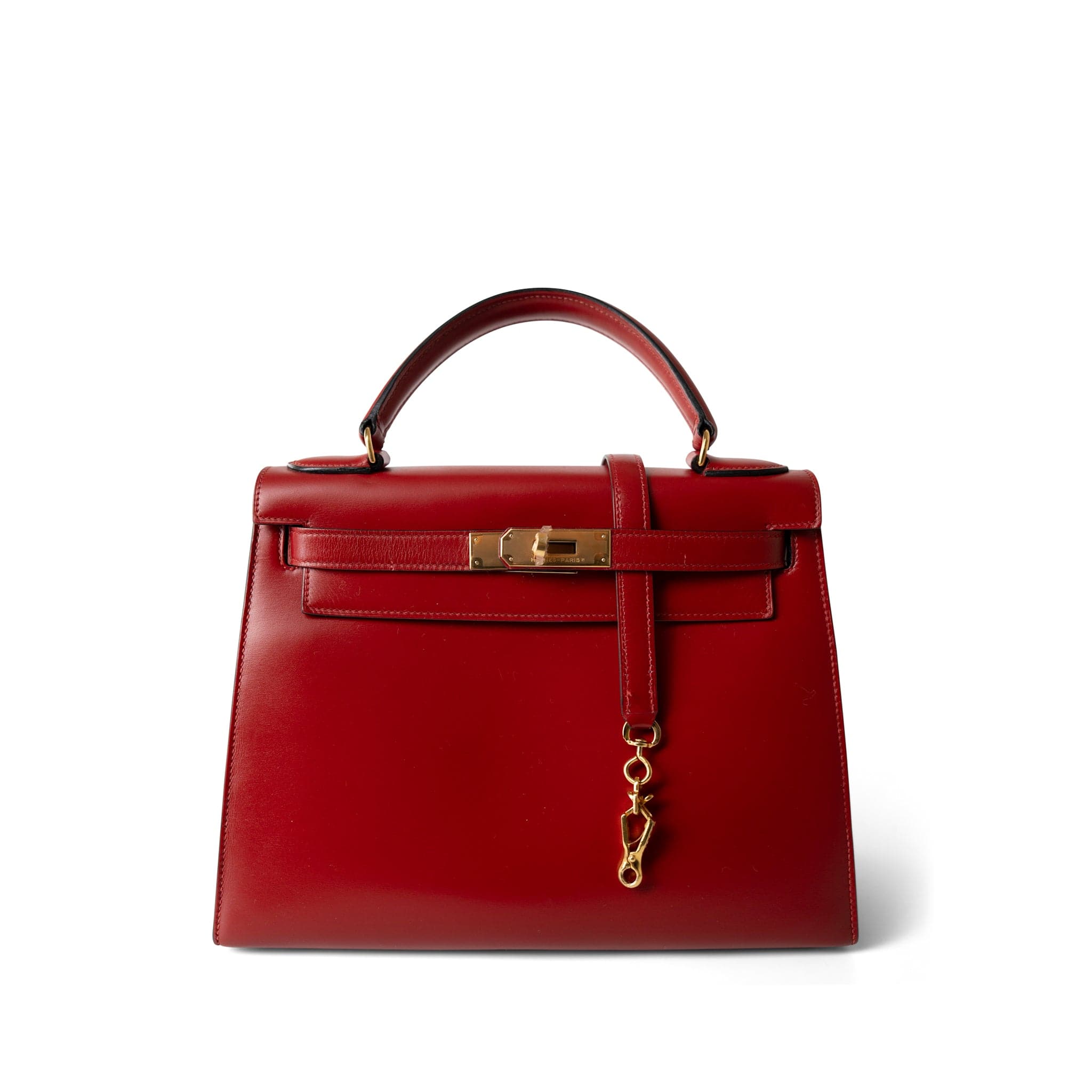 Hermes Handbag Red Kelly 28 Sellier Red (Rouge) Box Calfskin Gold Plated T Circle Stamp - Redeluxe