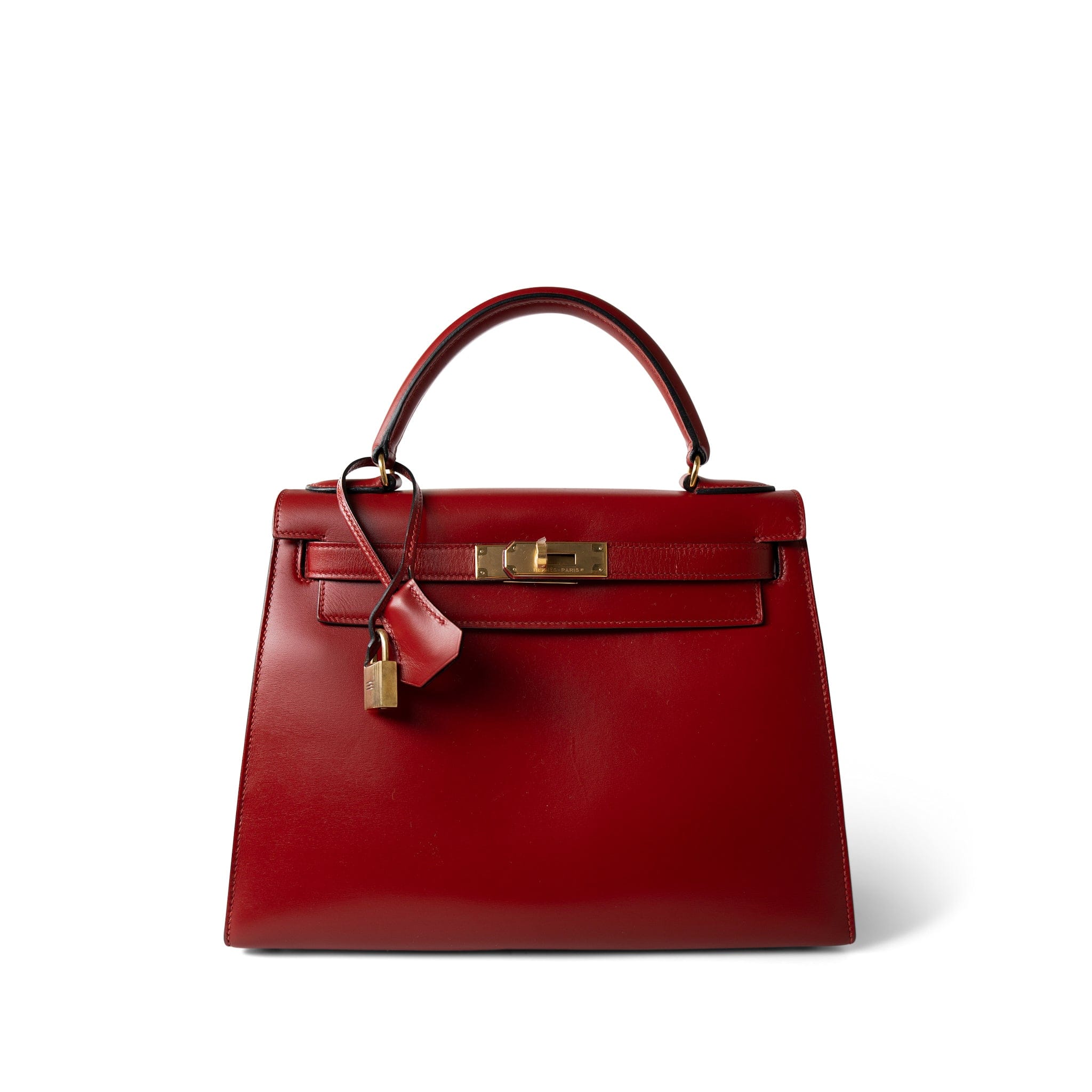 Hermes Handbag Red Kelly 28 Sellier Red (Rouge) Box Calfskin Gold Plated T Circle Stamp - Redeluxe