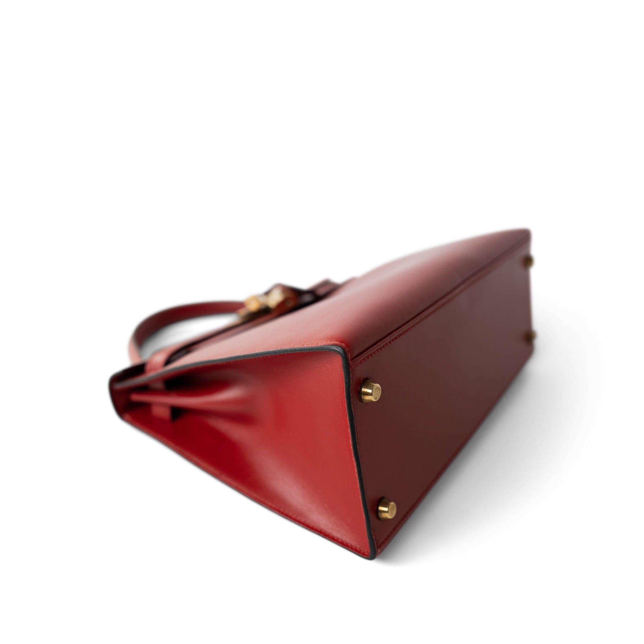 Hermes Handbag Red Kelly 28 Sellier Red (Rouge) Box Calfskin Gold Plated T Circle Stamp - Redeluxe