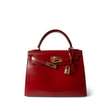 Hermes Handbag Red Kelly 28 Sellier Red (Rouge) Box Calfskin Gold Plated T Circle Stamp - Redeluxe