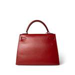 Hermes Handbag Red Kelly 28 Sellier Red (Rouge) Box Calfskin Gold Plated T Circle Stamp - Redeluxe