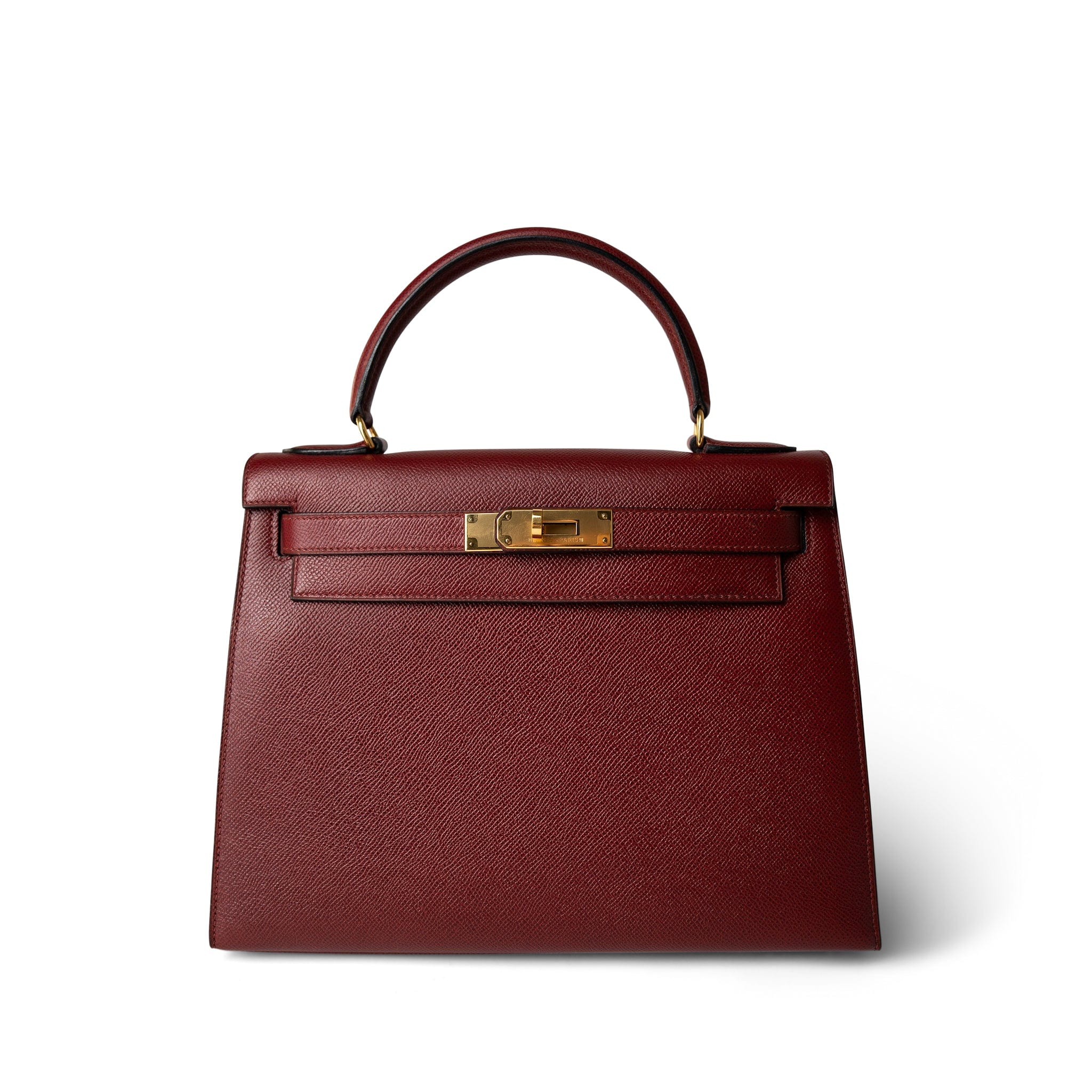 Hermes Handbag Red Kelly Sellier 28 Rouge Courchevel Gold Plated (X) Stamp - Redeluxe