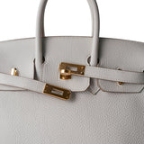 Hermes Handbag White Birkin 25 Gris Perle Togo Gold Plated B Stamp - Redeluxe