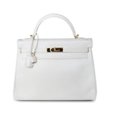 Hermes Handbag White Hermes Kelly 32 Swift White Gold Hardware F Stamp - Redeluxe