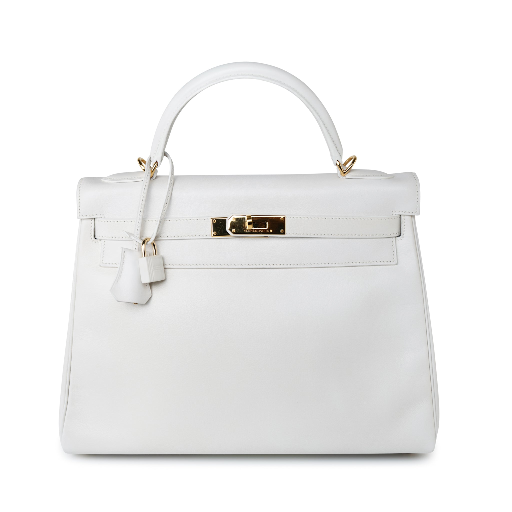 Hermes Handbag White Hermes Kelly 32 Swift White Gold Hardware F Stamp - Redeluxe