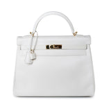 Hermes Handbag White Hermes Kelly 32 Swift White Gold Hardware F Stamp - Redeluxe