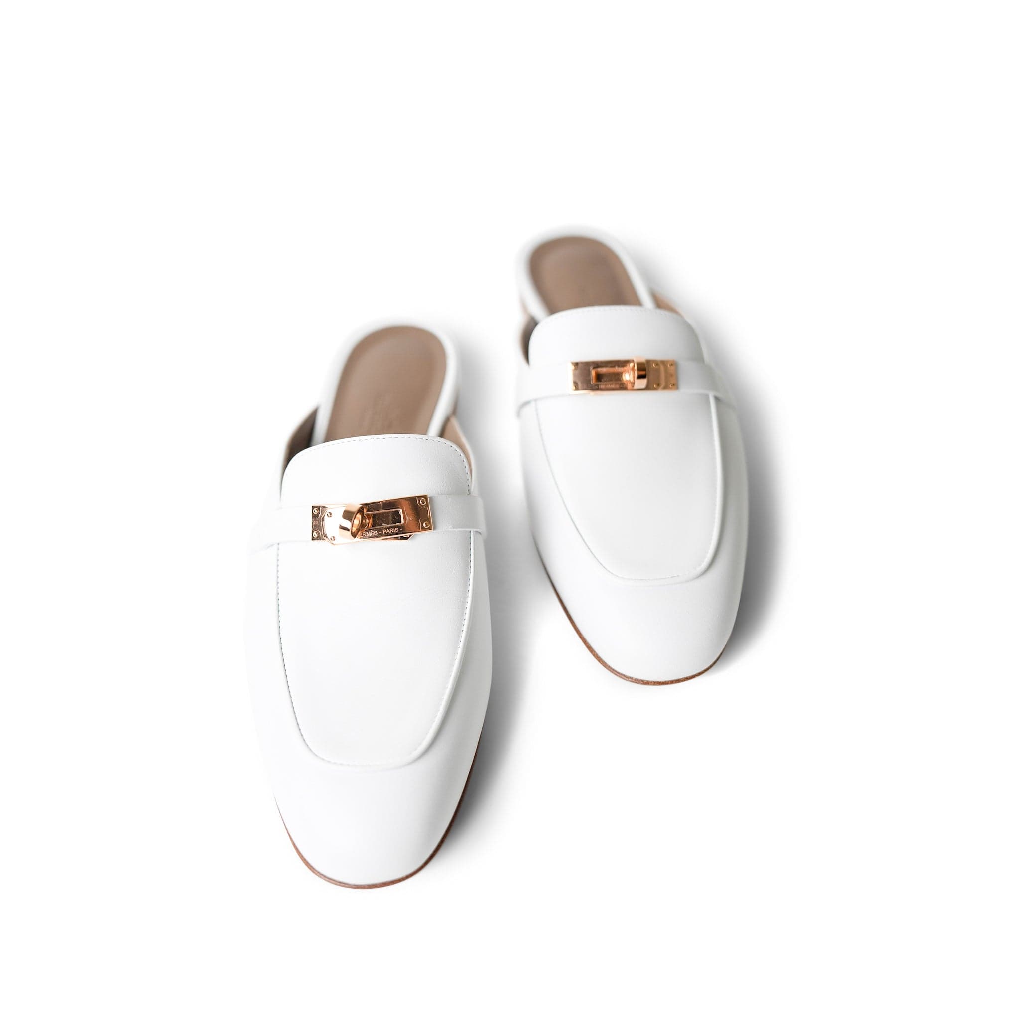 Hermes Sandals Shoes / White White Oz Mule Sandals w/ Rose Gold Kelly Buckle (38 EU / 7.5 US) - Redeluxe