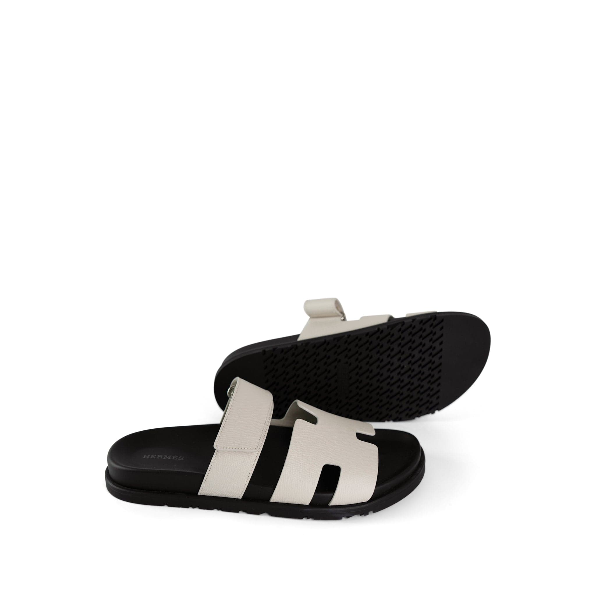 Hermes Sandals White Chypre Glaise Epsom Black Goatskin (41 EU / 10 US) - Redeluxe